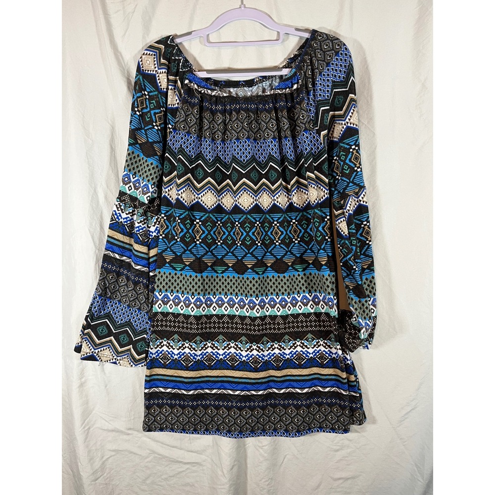 Womens Off‎ The Shoulder Bell Sleeve Tribal Print Boho Mini Dress